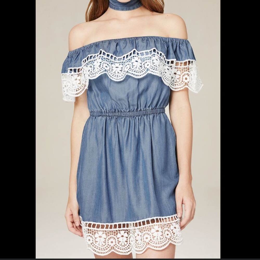 Bebe-off-the-shoulder denim dress w/white lace trim